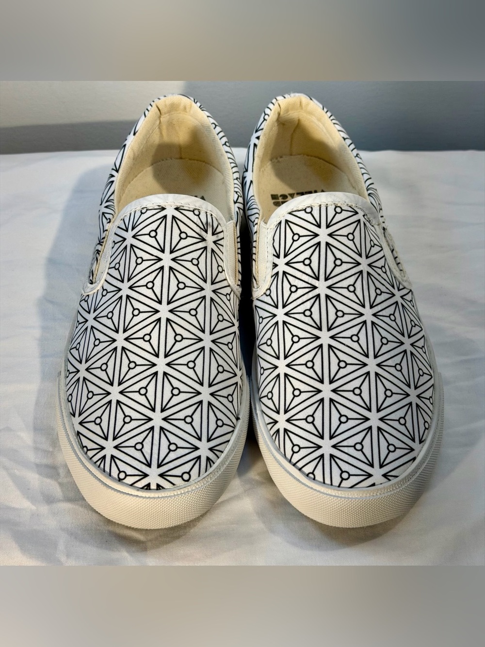 Printed Village White and Black Geometric Slip on Canvas Sneakers